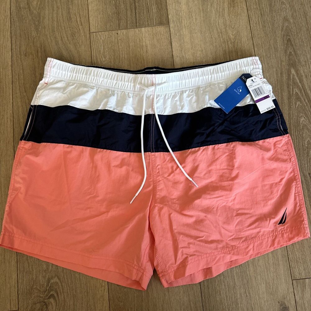 Nautica Swim Trunks Mens Large Coral Blue Color Block Lined Suit XXL 5.5" NEW